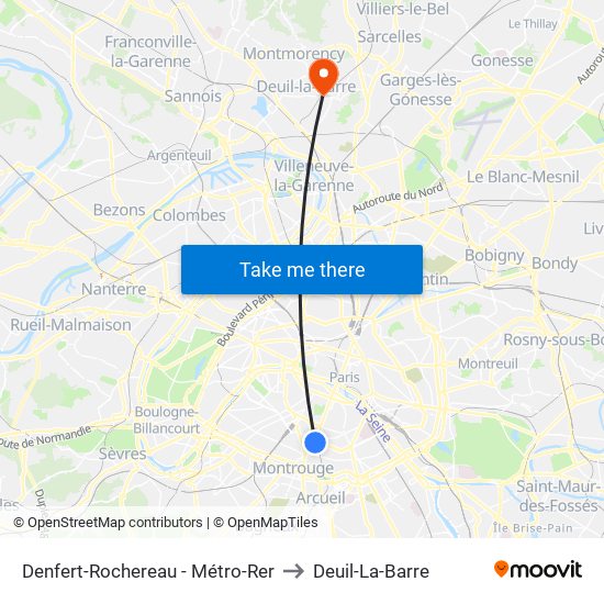 Denfert-Rochereau - Métro-Rer to Deuil-La-Barre map