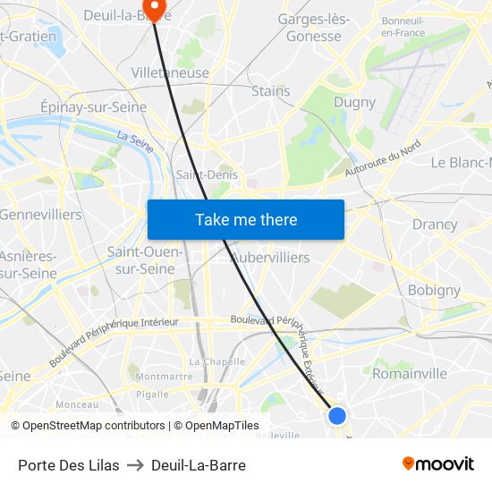 Porte Des Lilas to Deuil-La-Barre map