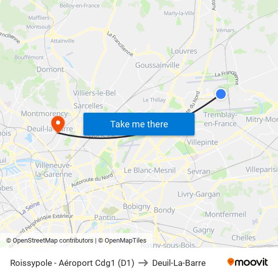 Roissypole - Aéroport Cdg1 (D1) to Deuil-La-Barre map