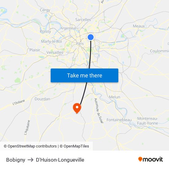 Bobigny to D'Huison-Longueville map