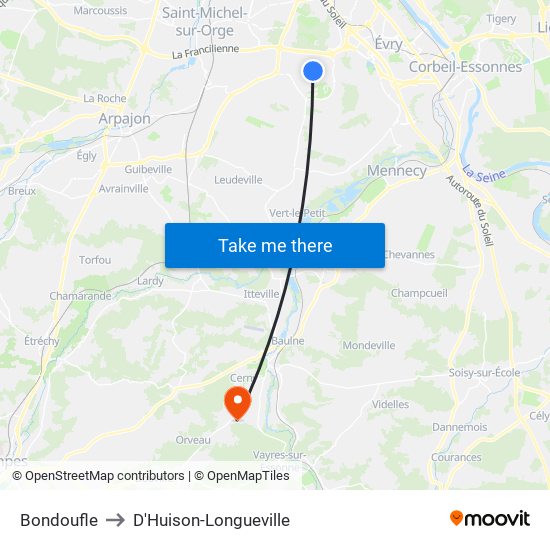 Bondoufle to D'Huison-Longueville map