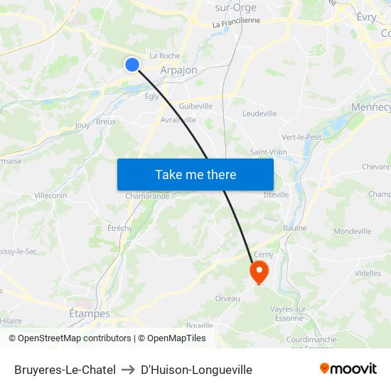 Bruyeres-Le-Chatel to D'Huison-Longueville map