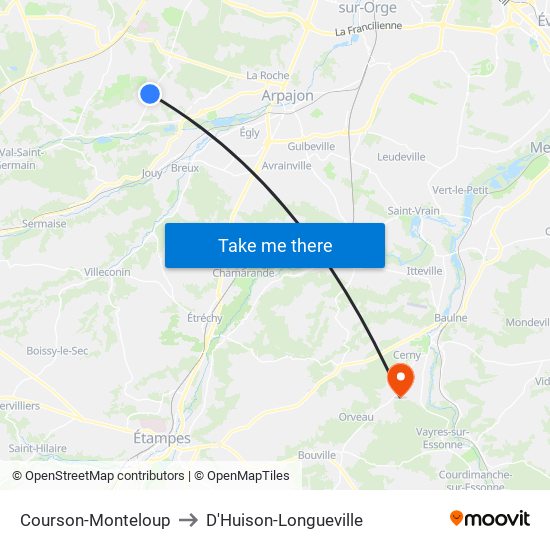 Courson-Monteloup to D'Huison-Longueville map