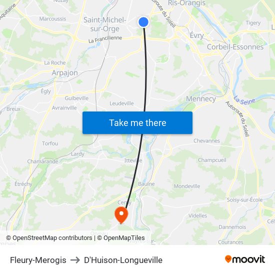 Fleury-Merogis to D'Huison-Longueville map