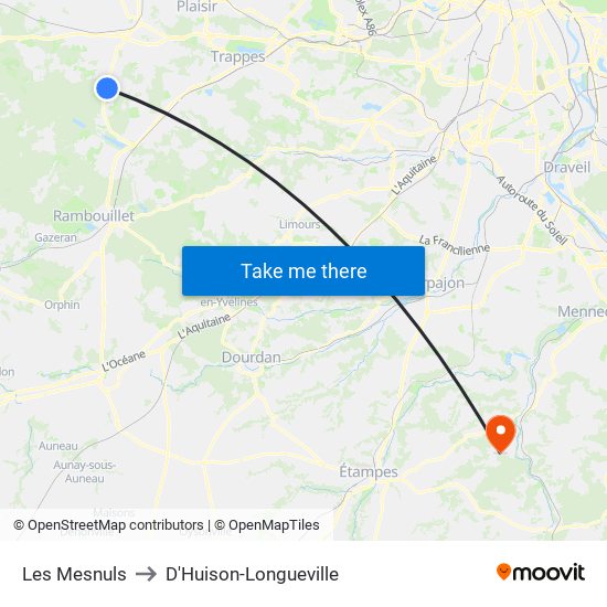 Les Mesnuls to D'Huison-Longueville map