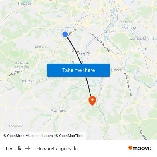 Les Ulis to D'Huison-Longueville map