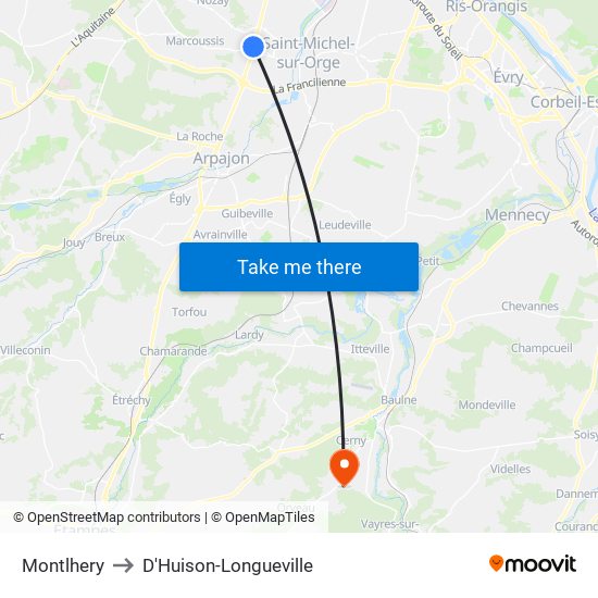 Montlhery to D'Huison-Longueville map