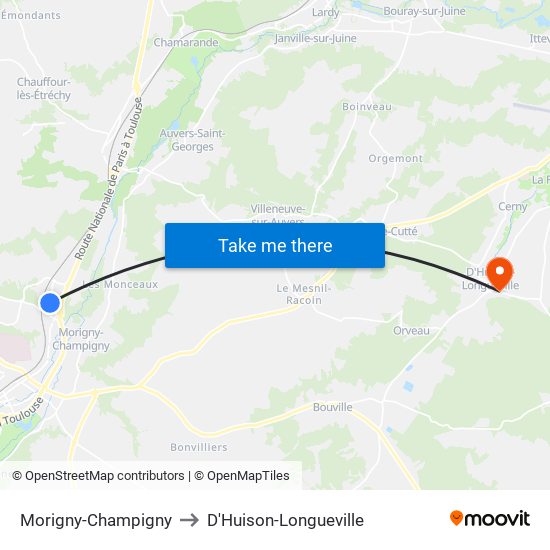 Morigny-Champigny to D'Huison-Longueville map
