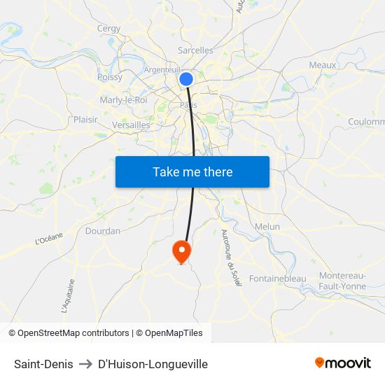 Saint-Denis to D'Huison-Longueville map
