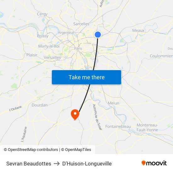 Sevran Beaudottes to D'Huison-Longueville map