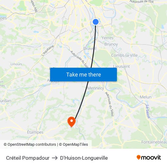 Créteil Pompadour to D'Huison-Longueville map