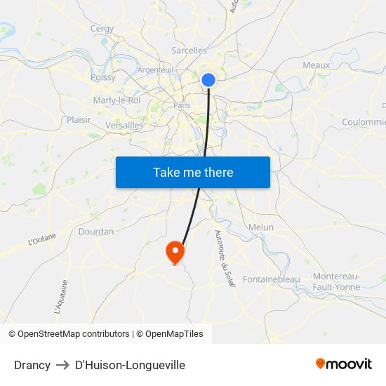 Drancy to D'Huison-Longueville map