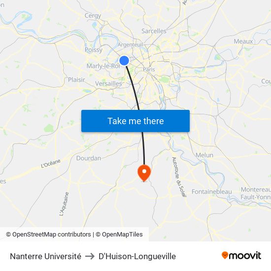 Nanterre Université to D'Huison-Longueville map
