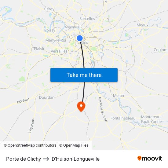 Porte de Clichy to D'Huison-Longueville map