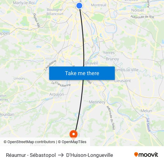 Réaumur - Sébastopol to D'Huison-Longueville map