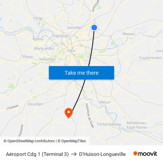 Aéroport Cdg 1 (Terminal 3) to D'Huison-Longueville map