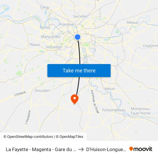 La Fayette - Magenta - Gare du Nord to D'Huison-Longueville map
