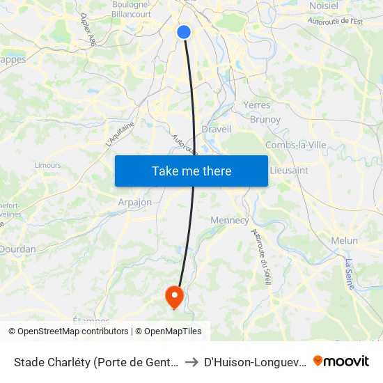 Stade Charléty (Porte de Gentilly) to D'Huison-Longueville map
