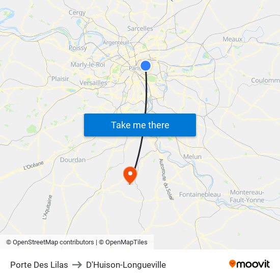 Porte Des Lilas to D'Huison-Longueville map