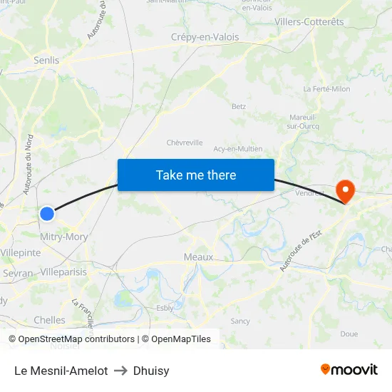 Le Mesnil-Amelot to Dhuisy map