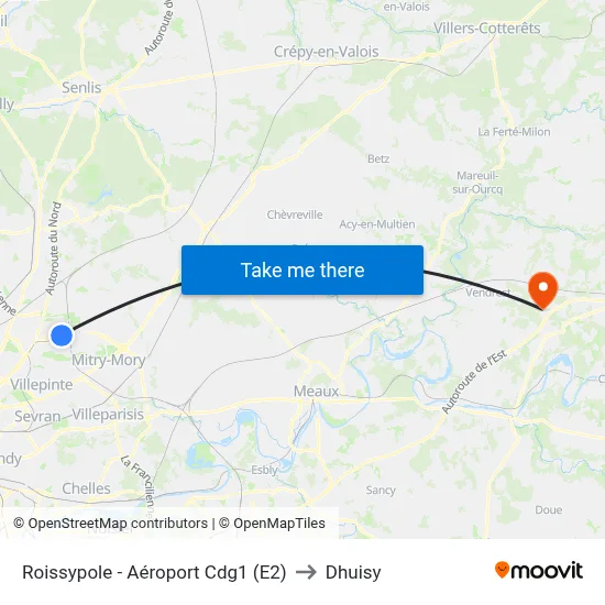 Roissypole - Aéroport Cdg1 (E2) to Dhuisy map
