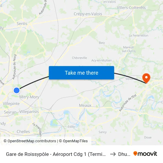 Gare de Roissypôle - Aéroport Cdg 1 (Terminal 3) (G2) to Dhuisy map