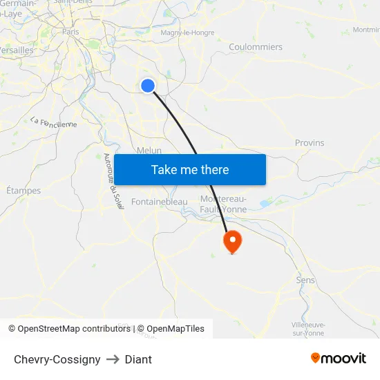 Chevry-Cossigny to Diant map