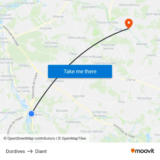 Dordives to Diant map