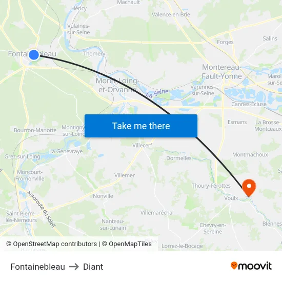 Fontainebleau to Diant map
