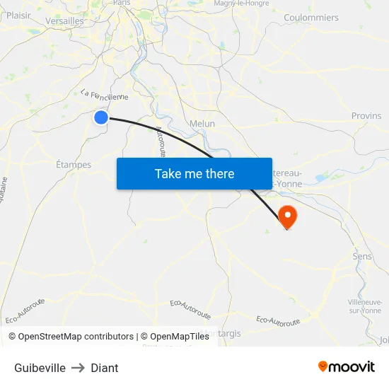 Guibeville to Diant map