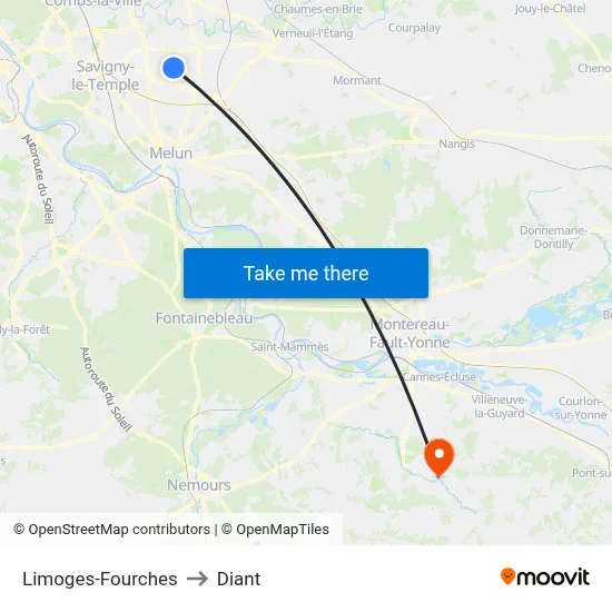 Limoges-Fourches to Diant map