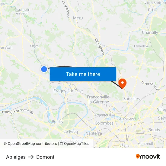 Ableiges to Domont map