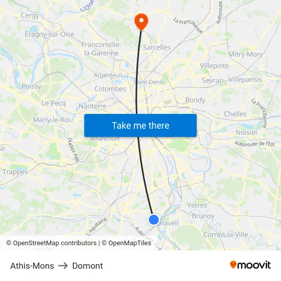 Athis-Mons to Domont map
