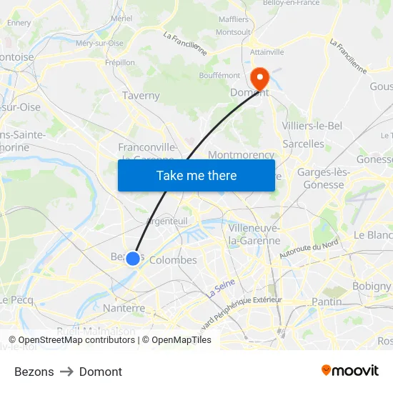 Bezons to Domont map