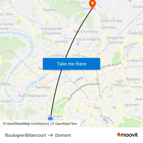 Boulogne-Billancourt to Domont map