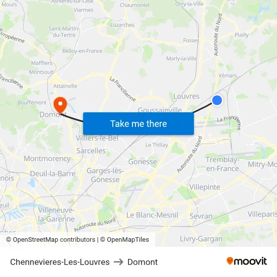 Chennevieres-Les-Louvres to Domont map