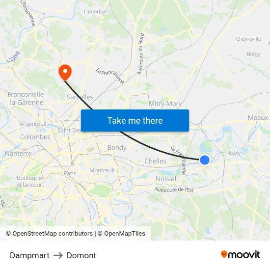 Dampmart to Domont map