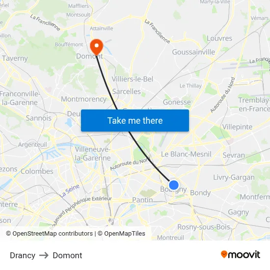 Drancy to Domont map