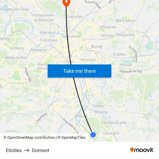 Etiolles to Domont map
