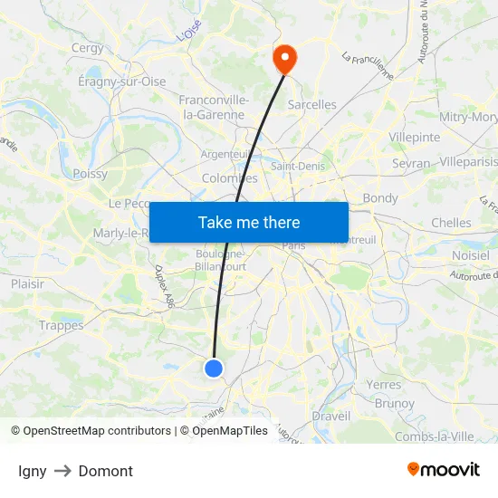 Igny to Domont map