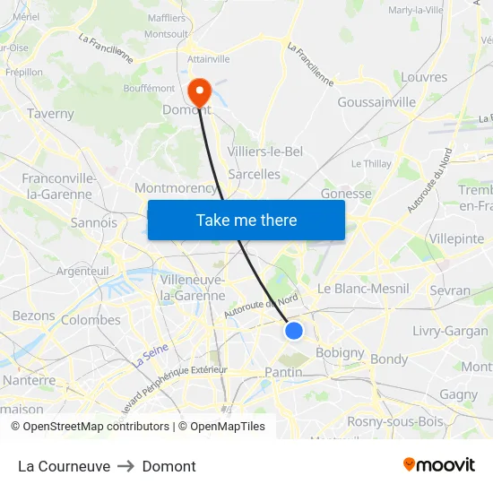 La Courneuve to Domont map