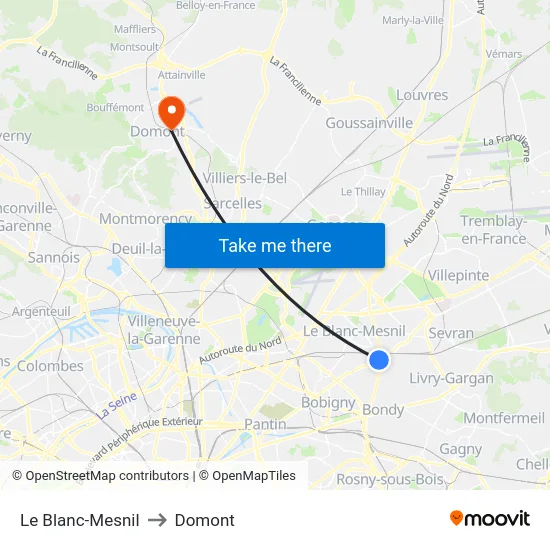 Le Blanc-Mesnil to Domont map