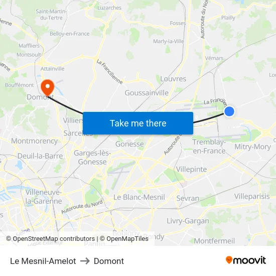 Le Mesnil-Amelot to Domont map