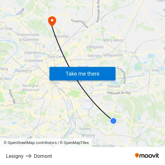Lesigny to Domont map