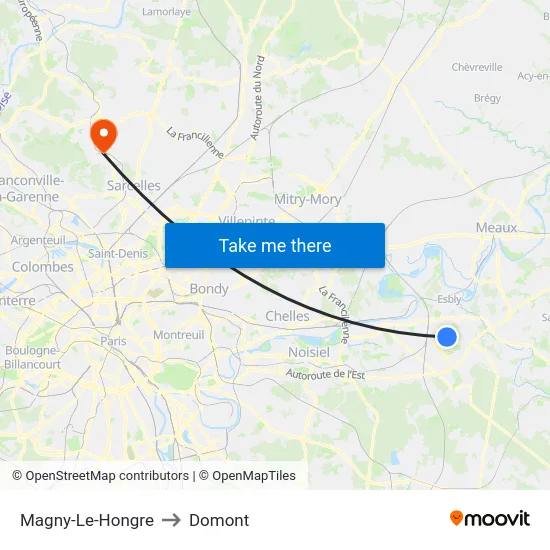 Magny-Le-Hongre to Domont map