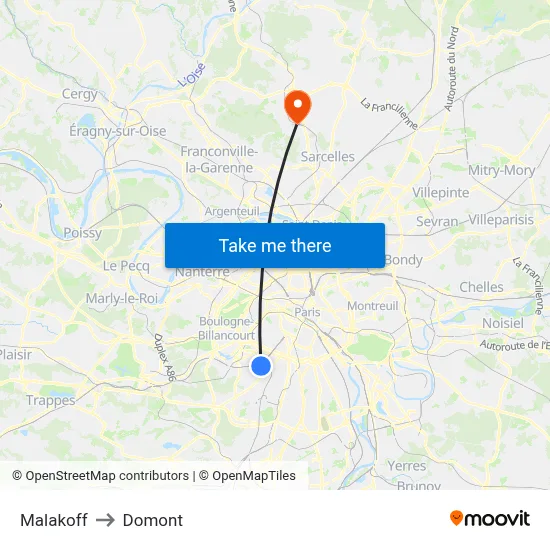 Malakoff to Domont map