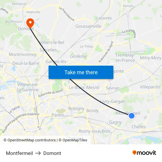 Montfermeil to Domont map