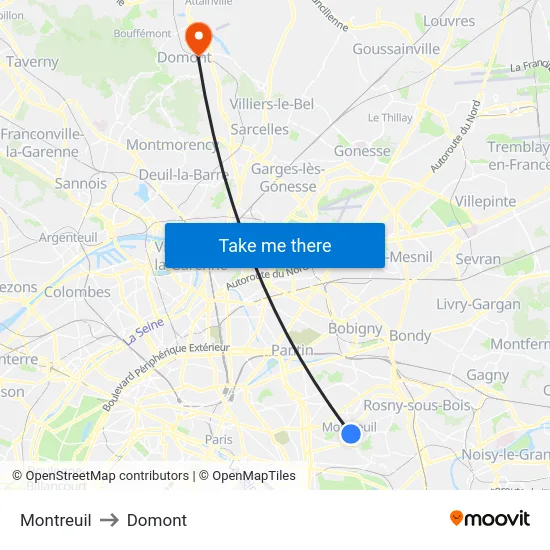 Montreuil to Domont map