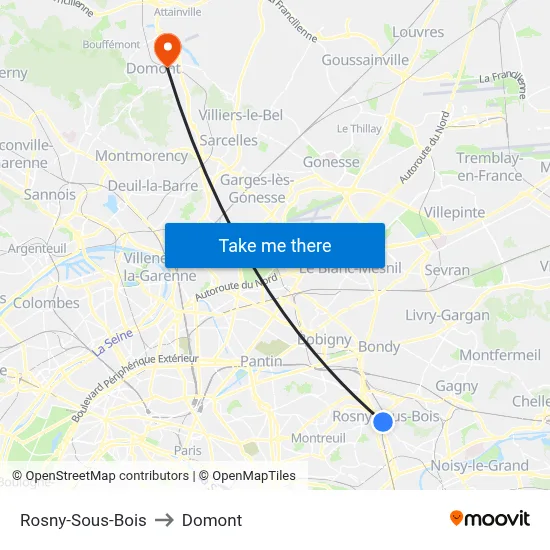 Rosny-Sous-Bois to Domont map