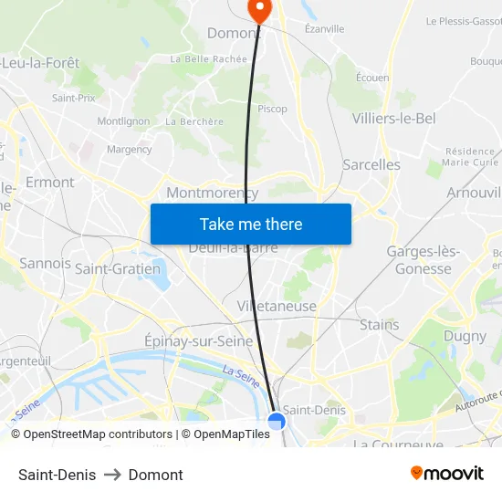 Saint-Denis to Domont map